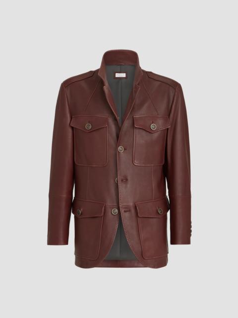 Brunello Cucinelli Men's Polished Nappa Leather Utility Blazer Jacket - Bordeaux