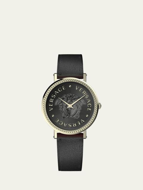 VERSACE 37mm V-Dollar Watch with Leather Strap, Yellow Gold/Black