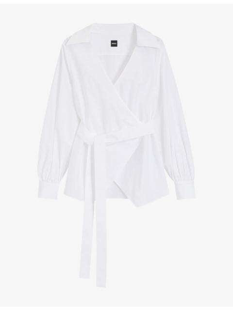 BOSS Wrap-Front Regular-Fit Cotton-Poplin Blouse