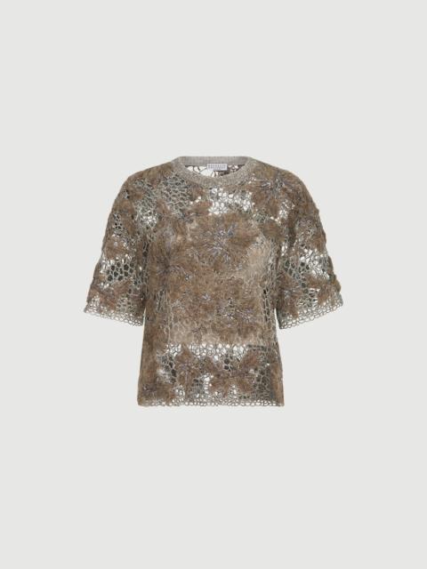 Brunello Cucinelli Whispering bloom embroidery knit t-shirt in sparkling mohair and wool