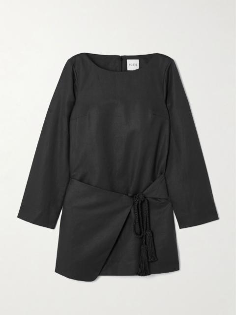 POSSE Yvette tie-detailed draped linen and cotton-blend mini dress Black