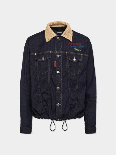 SUMMER LOVERS DARK WASH RAFFIA COLLAR DRAWSTRING SHIRT