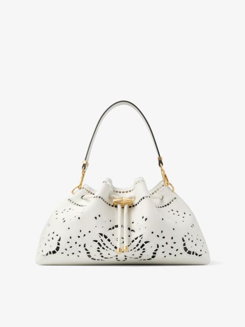 JIMMY CHOO Cinch Medium Latte Smooth Calf Leather Shoulder Bag with Sangallo Embroidery