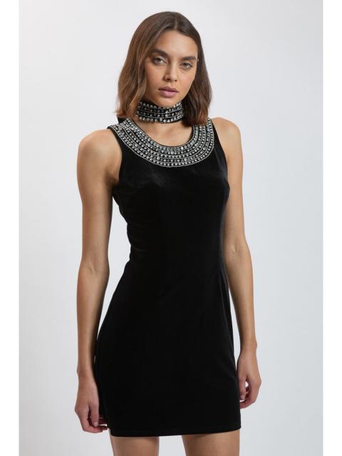KAREN MILLEN Petite Crystal Trim Velvet Mini Dress With High Neck