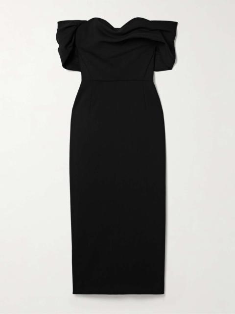 CAROLINA HERRERA Off-the-shoulder draped wool-blend crepe midi dress Black