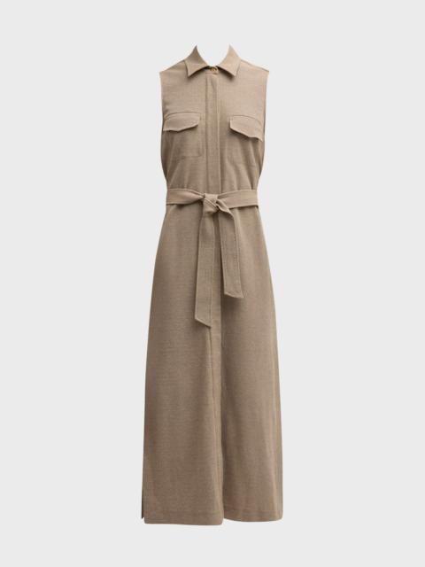 Lampo Sleeveless Belted Pique Knit Maxi Shirtdress