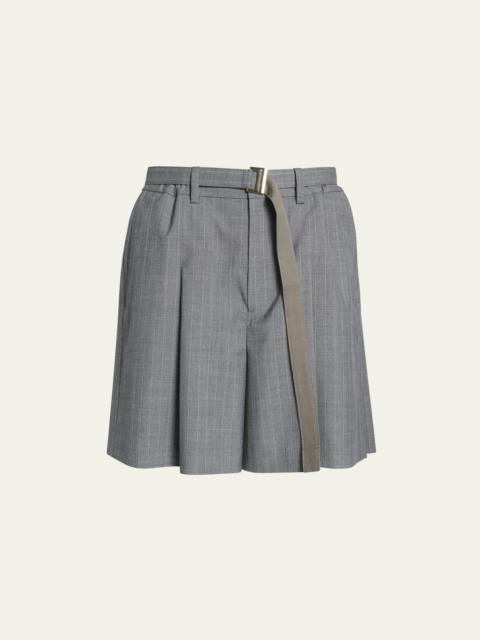 sacai Men's Pinstripe Pleated-Back Belted Shorts