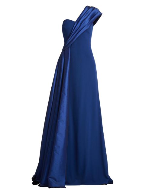 TADASHI SHOJI Women's One-Shoulder Taffeta-Trim Crepe Gown - Navy