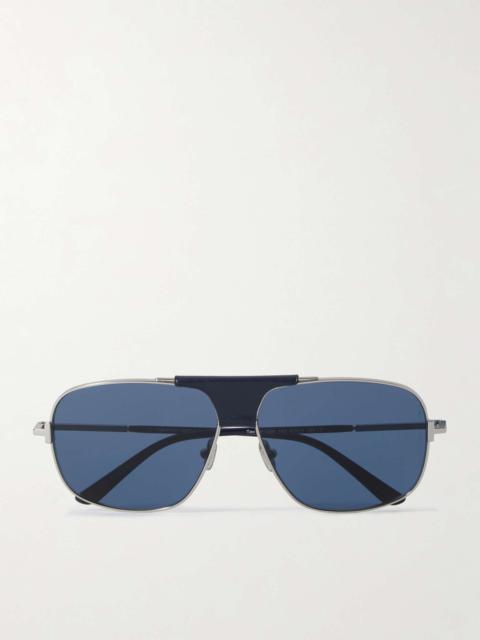 Tex Aviator-Style Leather-Trimmed Silver-Tone Sunglasses