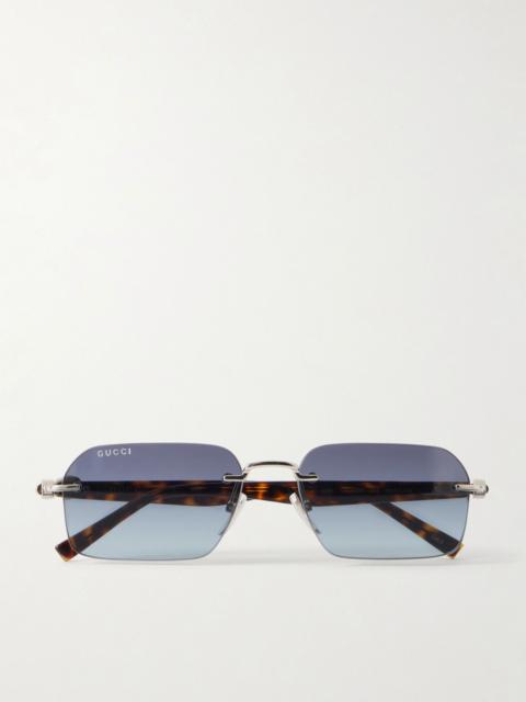 GUCCI Interlocking G-Detailed Rimless Square-Frame Silver-Tone Metal and Tortoiseshell Acetate Sunglasses