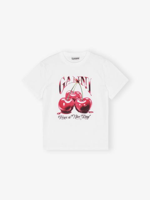 GANNI WHITE BASIC JERSEY CHERRY RELAXED T-SHIRT