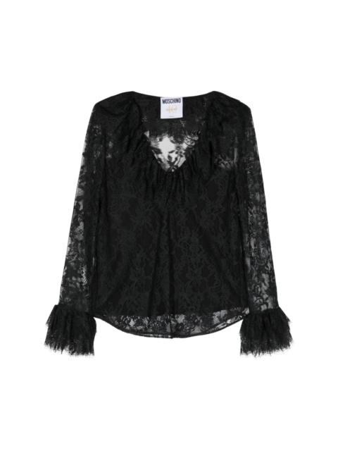 ruffled floral-lace blouse