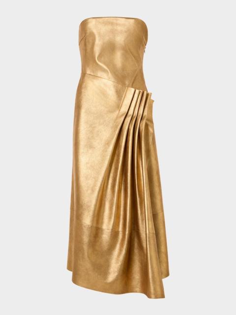 AKRIS Strapless Asymmetric Gathered Lamé Nappa Leather Midi Bustier Gown