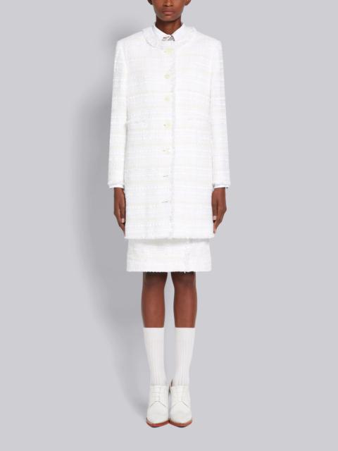 Thom Browne White Cotton Oxford Ribbon Tweed Frayed Crewneck Cardigan Overcoat