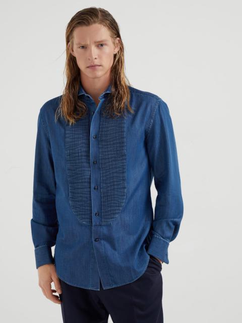 Brunello Cucinelli Lightweight denim slim fit tuxedo shirt with pleated bib, spread collar and French cuffs