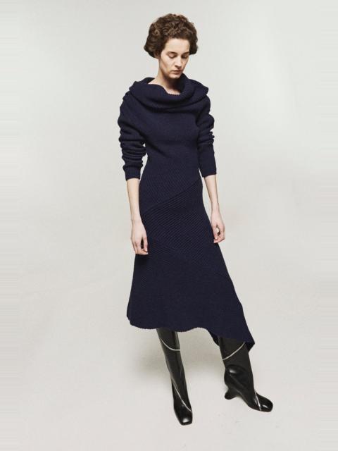 A.W.A.K.E. MODE KNITTED PATCHWORK RIB DRESS WITH HIGH NECK NAVY