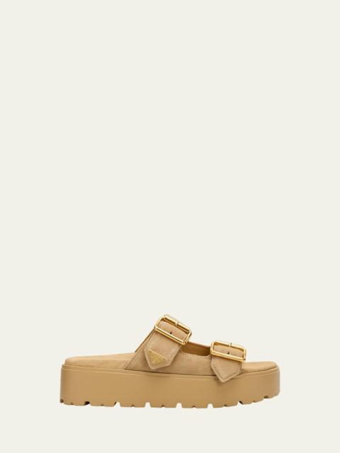 Prada Triangle Logo Suede Dual-Buckle Platform Sandals