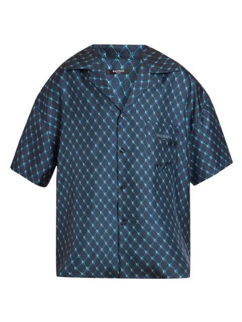 Balmain Men's Grid-Print Logo Camp Shirt - Bleu Nuit Bleu Ciel