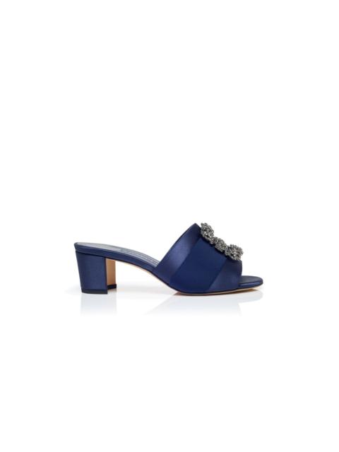 Manolo Blahnik Navy Blue Satin Jewel Buckle Mules