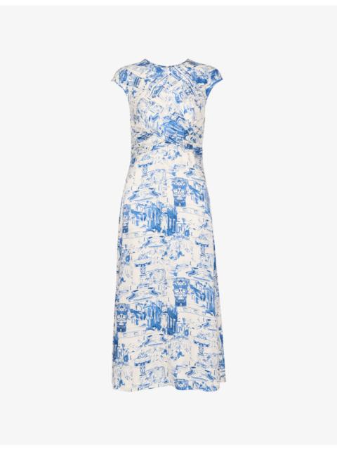 WHISTLES Rome-Print Twist-Neck Woven Midi Dress