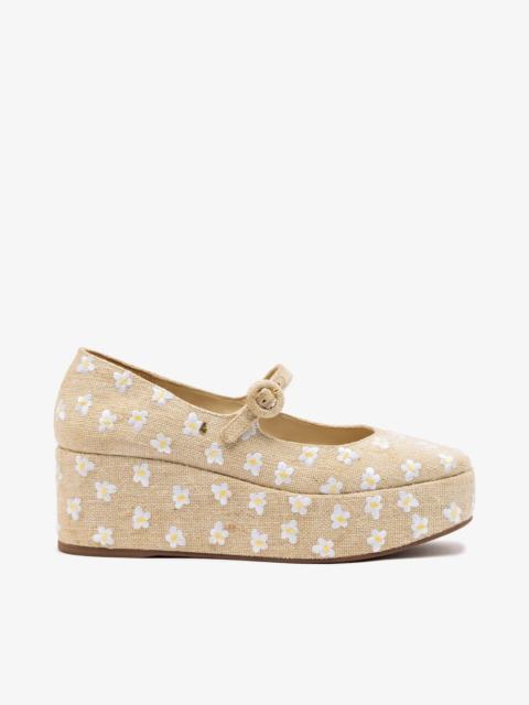 Larroudé Blair Flatform In Raw Linen and Daisy Embroidery