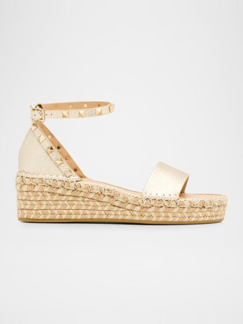 Valentino 55mm Rockstud Metallic Leather Wedge Espadrille Sandals