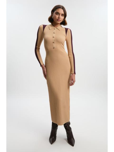 KAREN MILLEN Rib Knit Military Colour Block Midi Dress