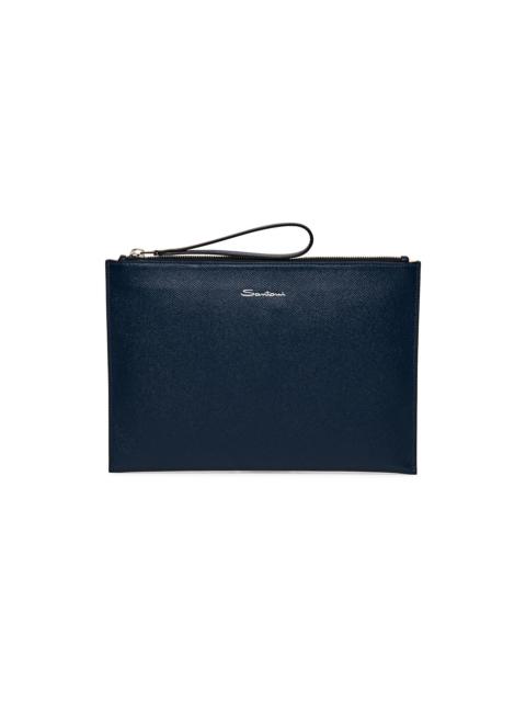 Santoni Blue saffiano leather pouch