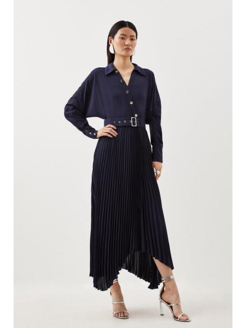 KAREN MILLEN Jersey And Georgette Mix Belted Pleat Midi Dress