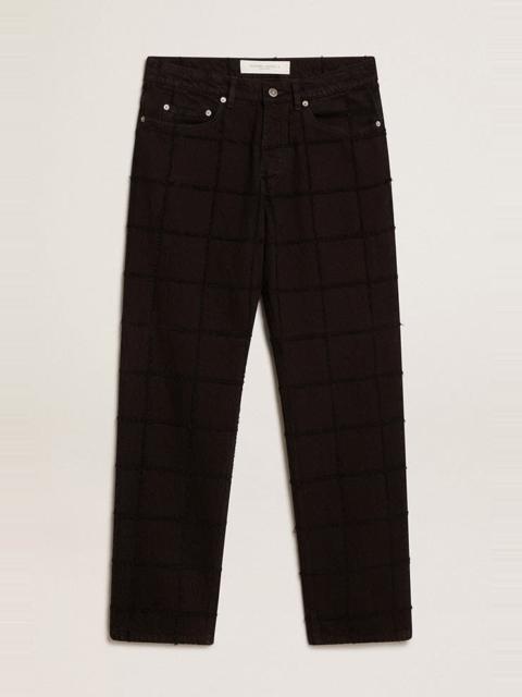 Black cotton pants with 3D-effect checked pattern
