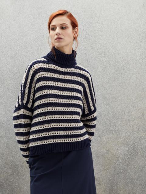 Striped net turtleneck sweater in virgin wool, cashmere and silk feather yarn