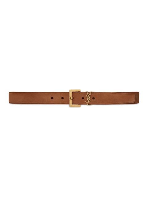 SAINT LAURENT Women's Cassandre Belt with Square Buckle in Suede - Brick