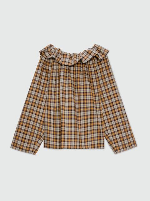 MSGM Check cotton blouse with maxi ruffle.