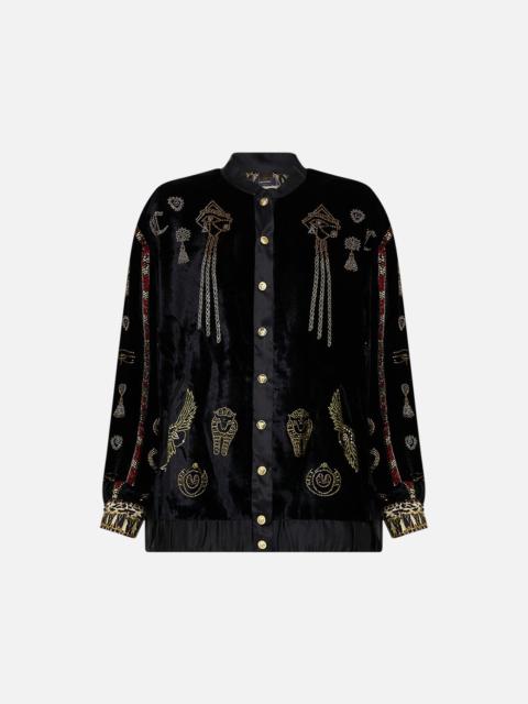 CAMILLA VELVET LONGLINE VARSITY JACKET