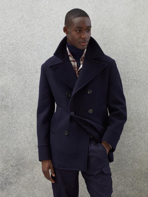 Virgin wool and cashmere double cloth pea coat with large lapels