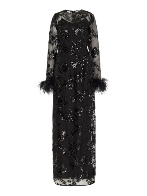 Ostrich-Trimmed Sequined Silk Maxi Dress black