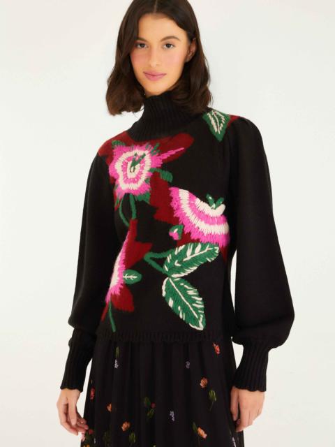 FARM RIO Black Bold Colorful Flower Embroidered Knit Sweater