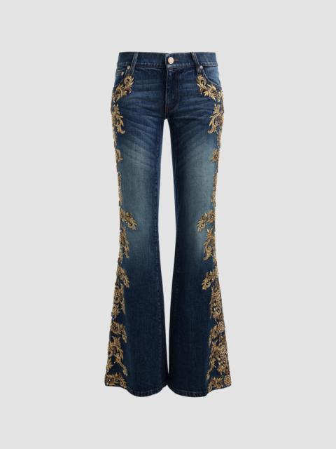 Alice + Olivia Women's Emryn Embellished Ultra Low-Rise Relaxed Flared Jean - Georgetta Vintage Blue