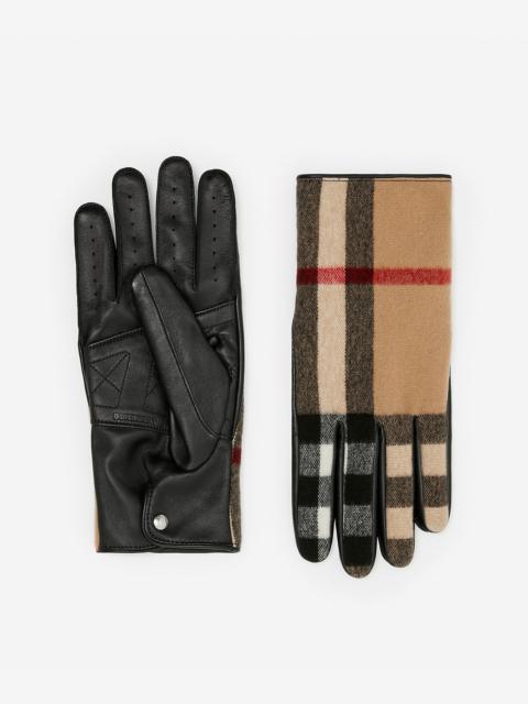 Exaggerated Check Wool and Leather Gloves