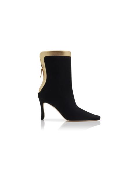 Manolo Blahnik Black Velvet and Gold Ankle Boots