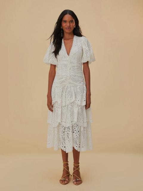 FARM RIO White Cotton Eyelet Puff Sleeve Midi Dress