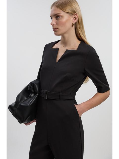 KAREN MILLEN Structured Crepe Forever Notch Neck Belted Tailored Jumpsuit