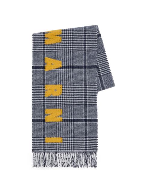 plaid-check virgin wool fringed scarf