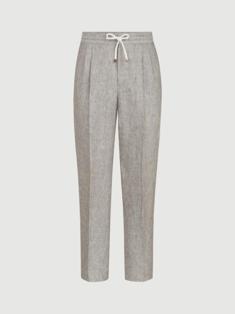 Brunello Cucinelli Linen and hemp diagonal trousers with drawstring and double pleats