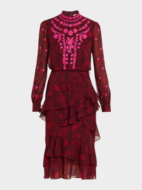 SALONI Isa Mock-Neck Floral-Print Silk Midi Dress