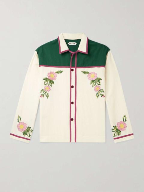 Prarie Rose Cutaway-Collar Embroidered Wool-Twill Overshirt
