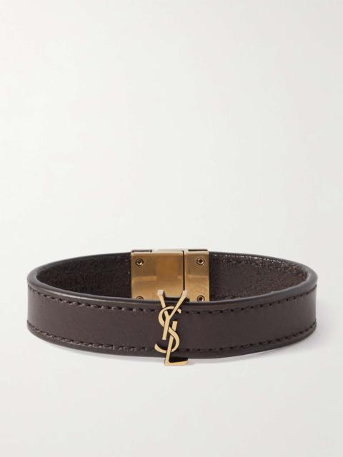SAINT LAURENT Cassandre Logo-Embellished Leather and Gold-Tone Bracelet