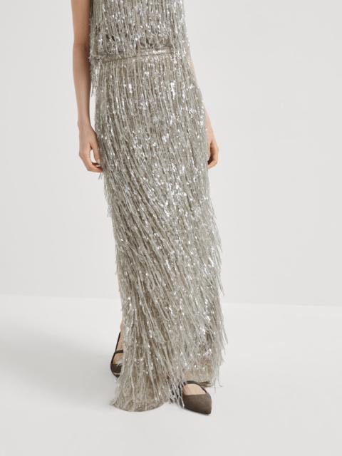 Brunello Cucinelli Crispy silk couture column skirt with glistening waterfall embroidery