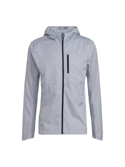 adidas Men's adidas Solid Color Zipper Hooded Track Jacket Light Silver GJ9949