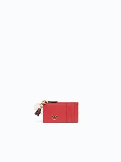 PINKO LEATHER CARD HOLDER WITH TASSEL AND POMPOM